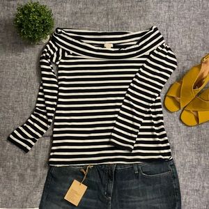 J. Crew off the shoulder navy & white striped top